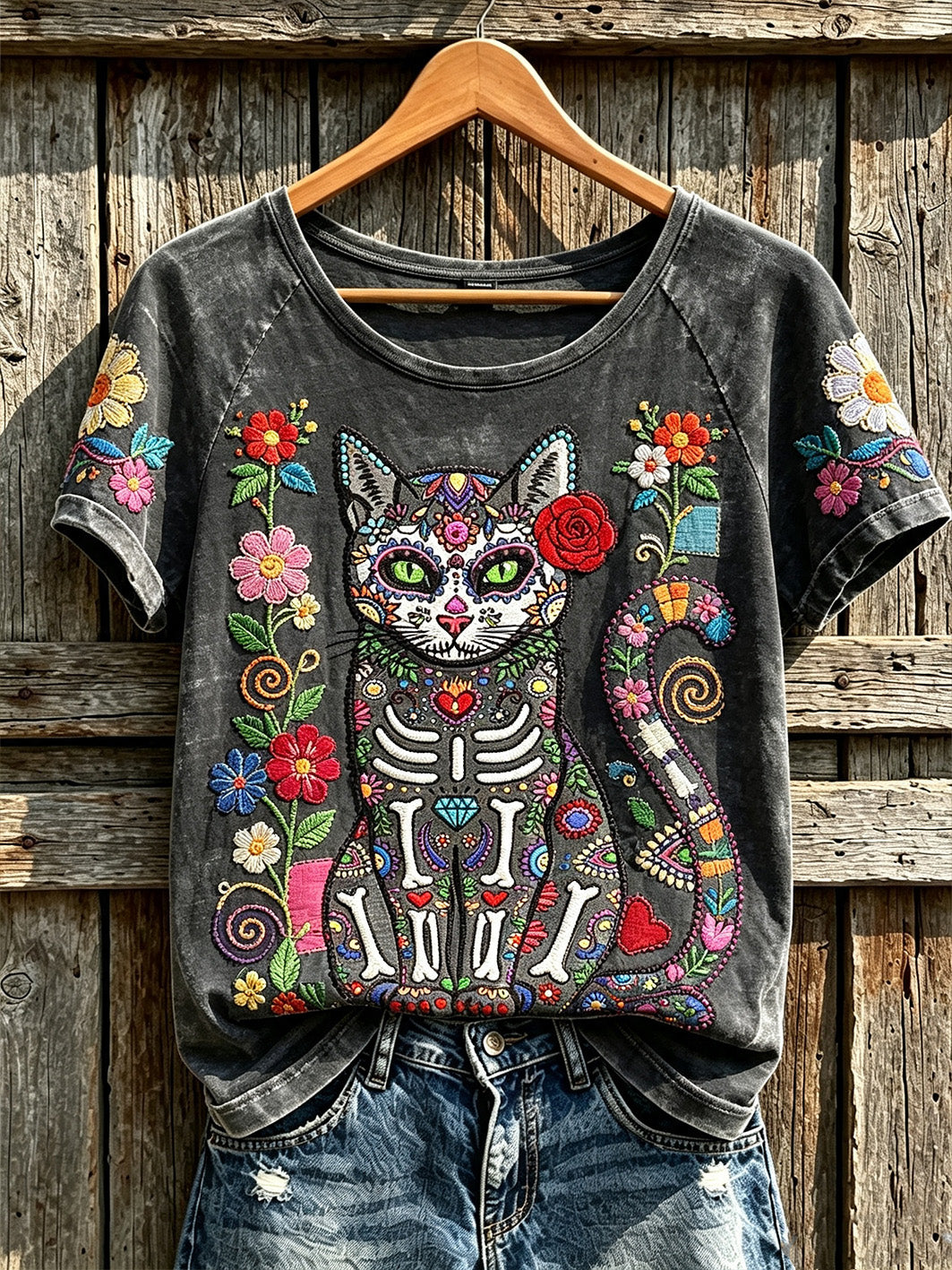 El patrón retro del gato del cráneo de las mujeres imprimió la camiseta ocasional del cuello redondo