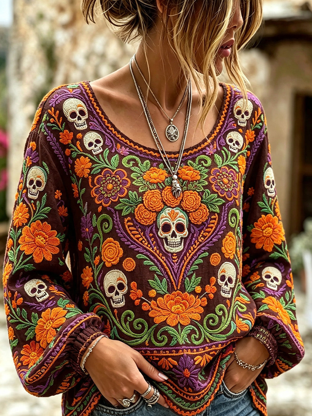 Camisa casual de algodón y lino para mujer, estampada con diseño de calavera y flores vegetales