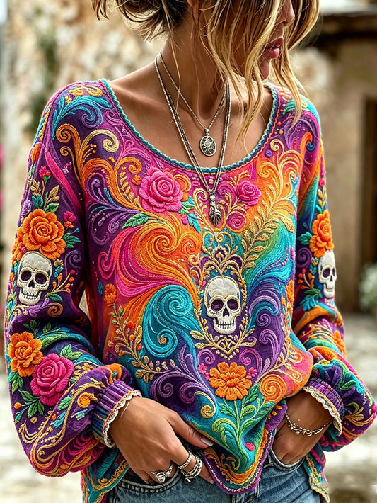 Camisa casual de algodón y lino para mujer, estampada con diseño de calavera y flores vegetales