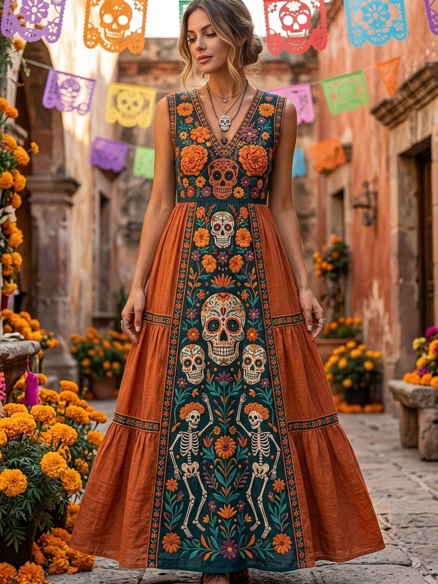 Vestido largo de cuello en V con estampado floral mexicano de calavera de azúcar del Día de Muertos para mujer