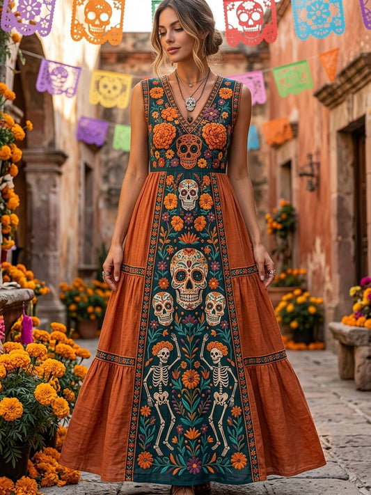 Vestido largo de cuello en V con estampado floral mexicano de calavera de azúcar del Día de Muertos para mujer