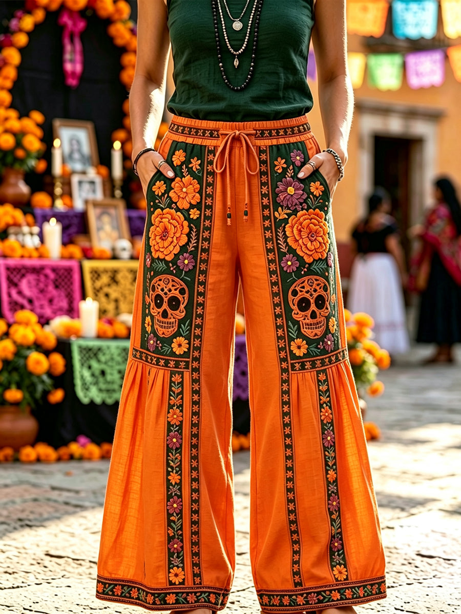 Día de la mujer de los muertos calavera de azúcar mexicana de algodón estampado floral pantalones de lino