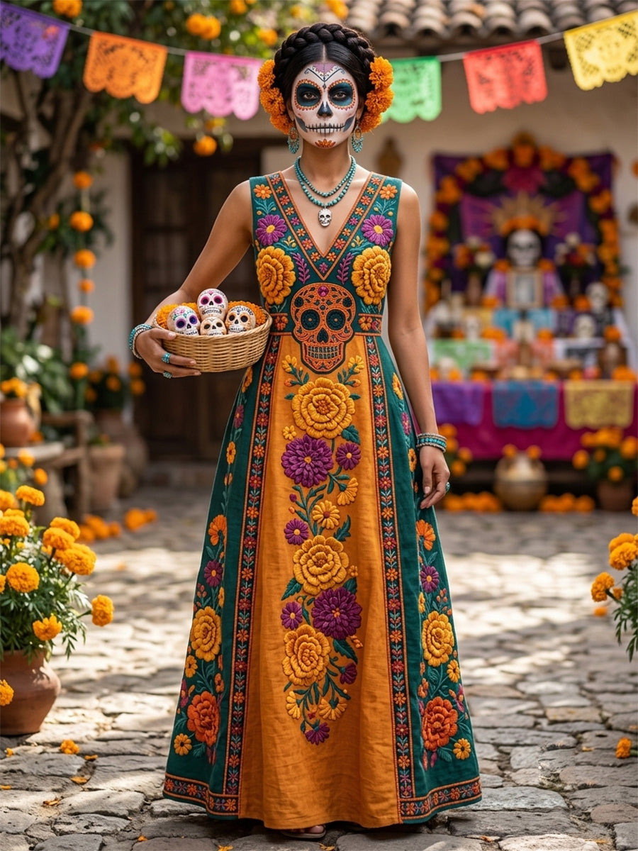Vestido largo de cuello en V con estampado floral mexicano de calavera de azúcar del Día de Muertos para mujer