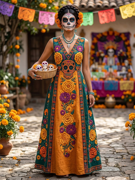 Vestido largo de cuello en V con estampado floral mexicano de calavera de azúcar del Día de Muertos para mujer