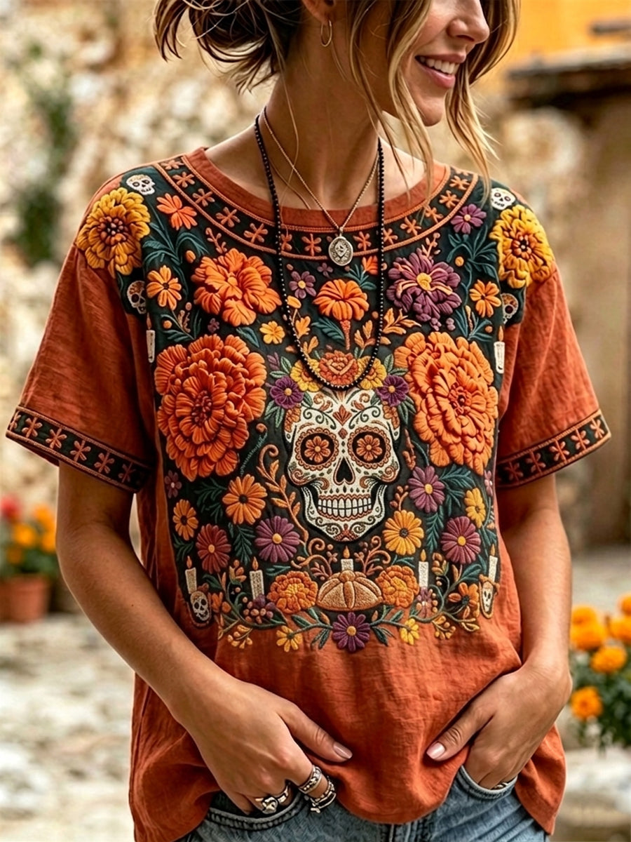 Camiseta de lino de manga corta para mujer con estampado floral mexicano de calavera de azúcar del Día de Muertos