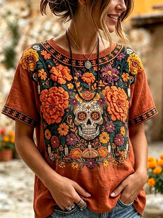 Camiseta de lino de manga corta para mujer con estampado floral mexicano de calavera de azúcar del Día de Muertos