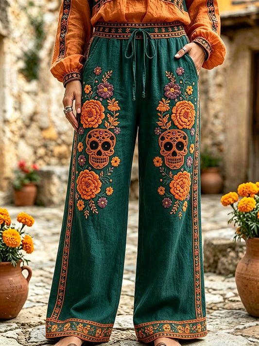 Pantalones de algodón-lino con estampado floral mexicano de calavera de azúcar del Día de Muertos para mujer