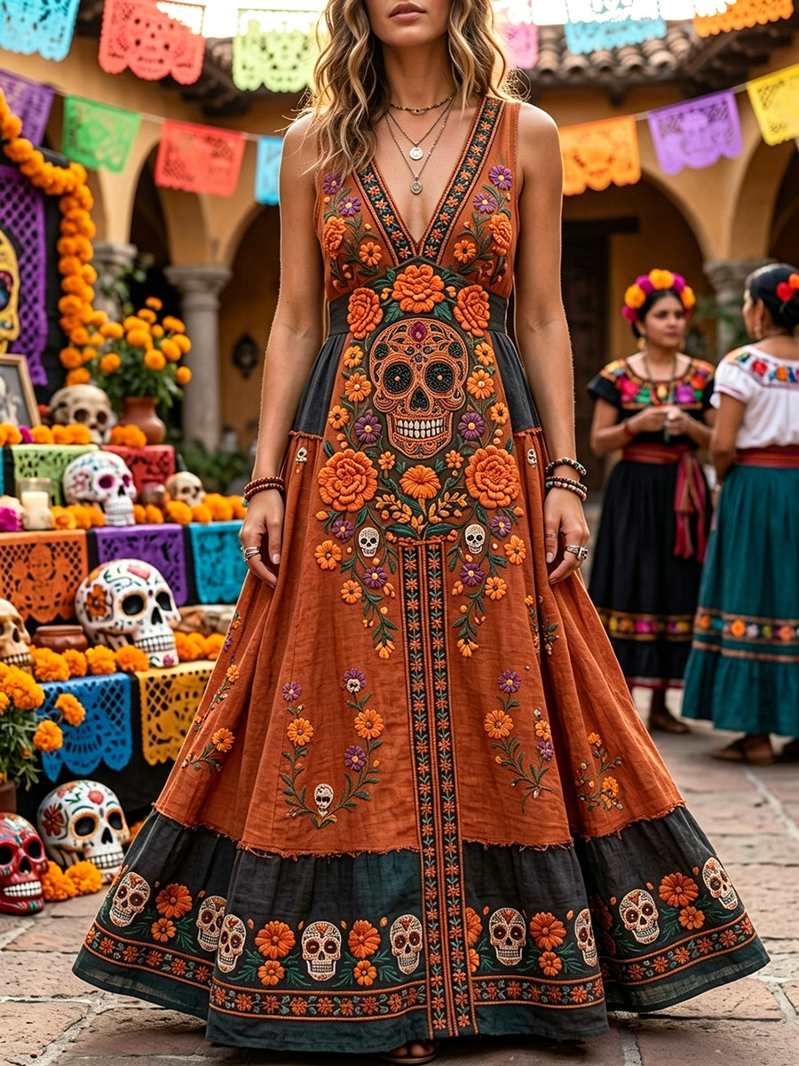 Día de las mujeres del cráneo muerto de azúcar mexicano estampado floral V cuello maxi vestido