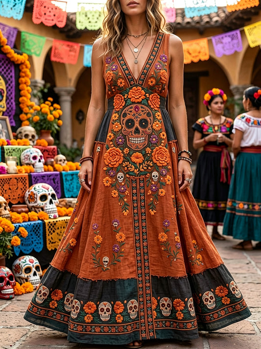 Día de las mujeres del cráneo muerto de azúcar mexicano estampado floral V cuello maxi vestido