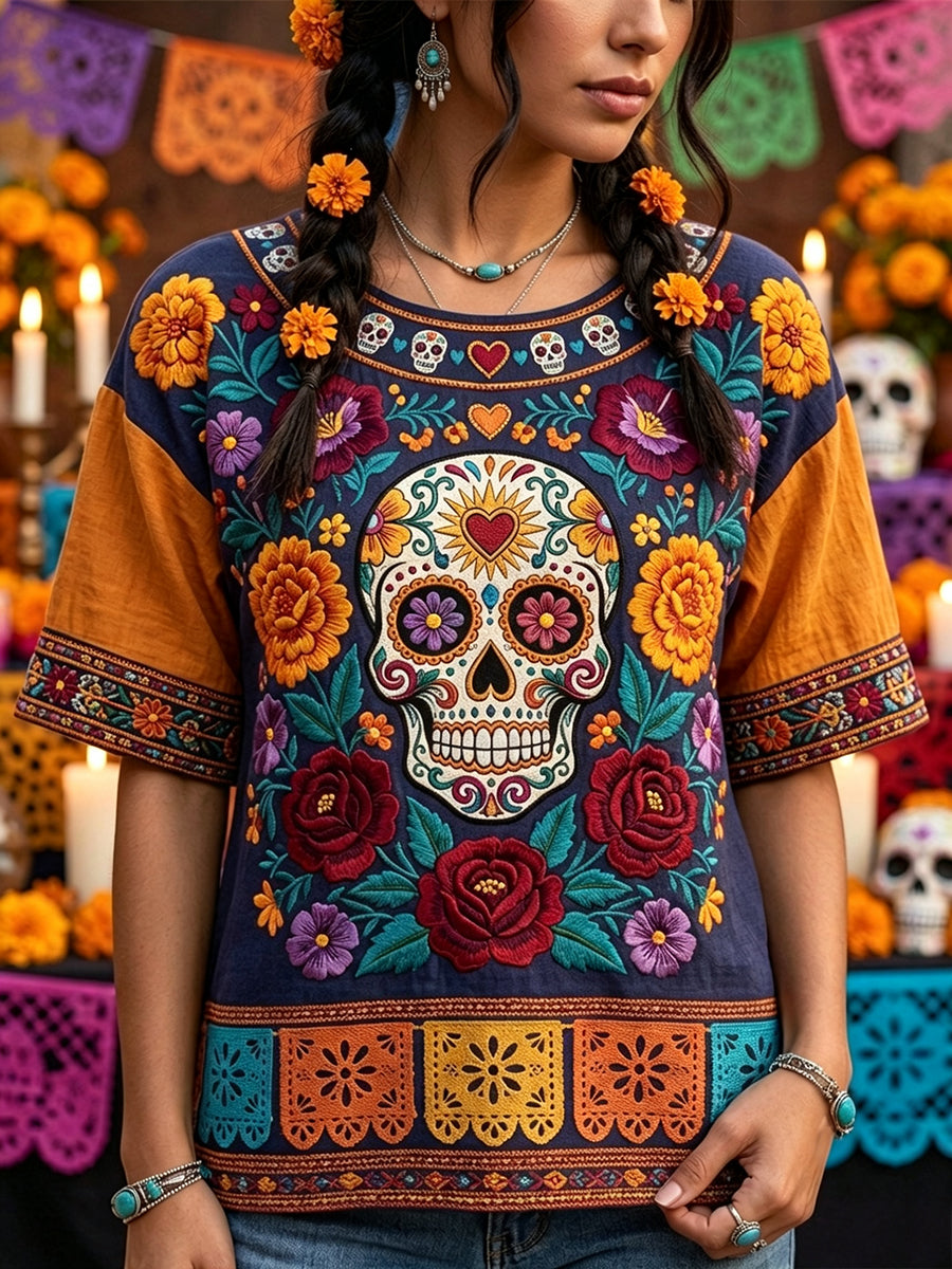 Camiseta de lino de manga corta para mujer con estampado floral mexicano de calavera de azúcar del Día de Muertos