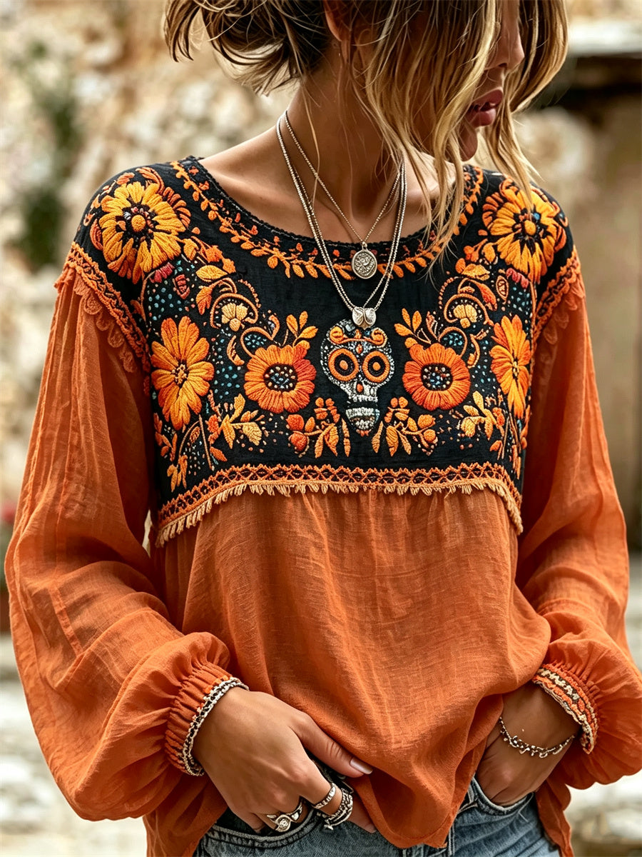 Camisa de algodón-lino con estampado floral de calaveras de azúcar mexicanas y flor de cempasúchil para el Día de Muertos femenino