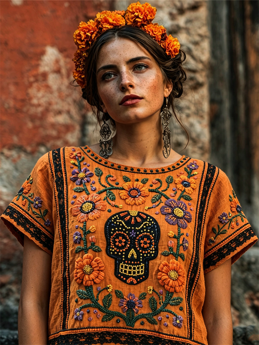 Camiseta de lino de manga corta para mujer con estampado floral de calavera de azúcar del Día de Muertos y flor de cempasúchil mexicana