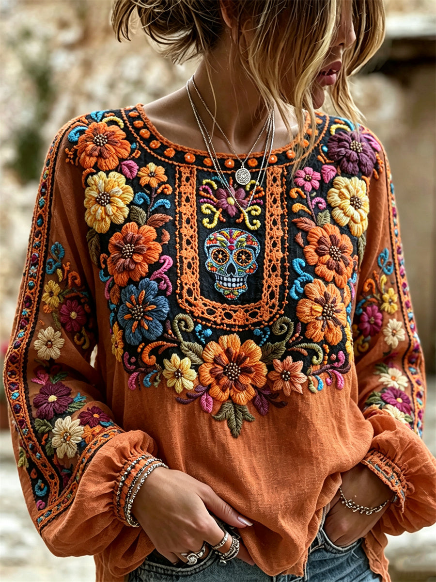 Día de la mujer de los muertos de azúcar calavera mexicana caléndulas estampado floral algodón-camisa de lino