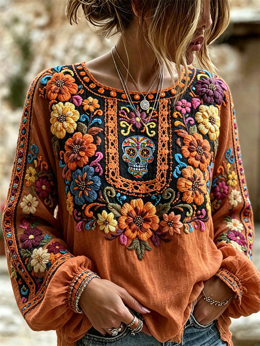 Día de la mujer de los muertos de azúcar calavera mexicana caléndulas estampado floral algodón-camisa de lino