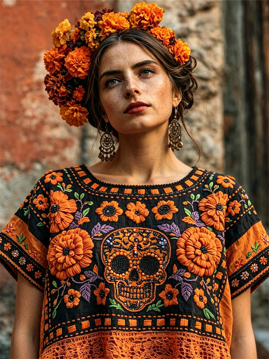 Camiseta de lino de manga corta para mujer con estampado floral de calavera de azúcar del Día de Muertos y flor de cempasúchil mexicana