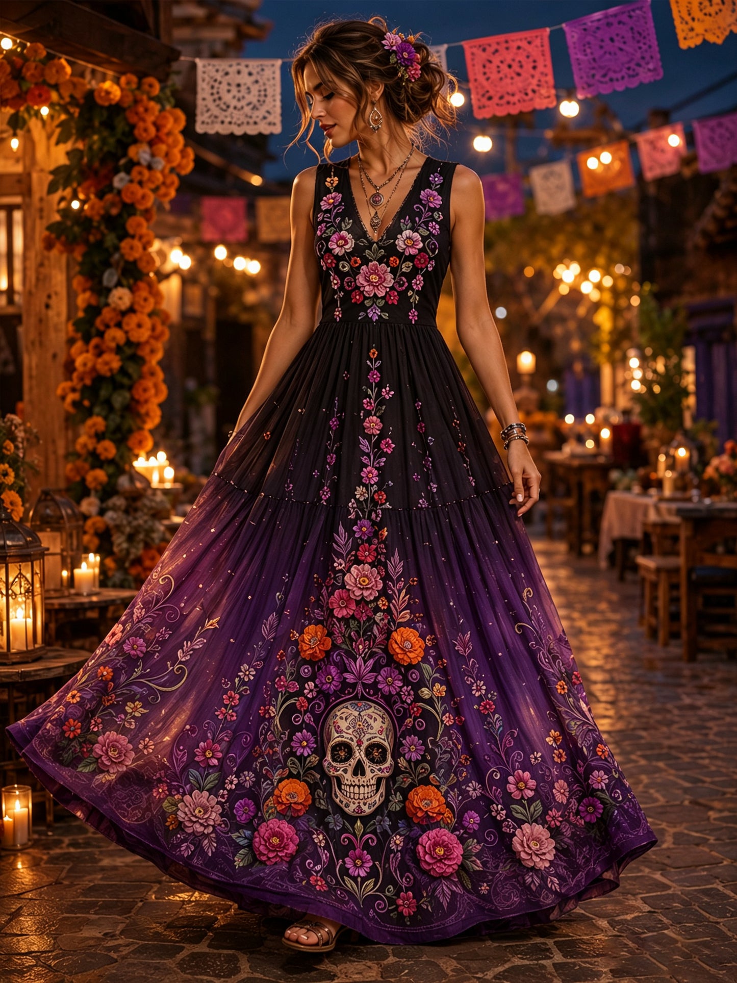 Vestido con estampado artístico de elementos culturales mexicanos del Día de los Muertos para mujer