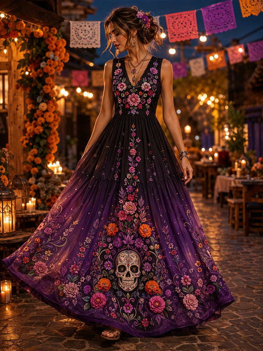 Vestido con estampado artístico de elementos culturales mexicanos del Día de los Muertos para mujer