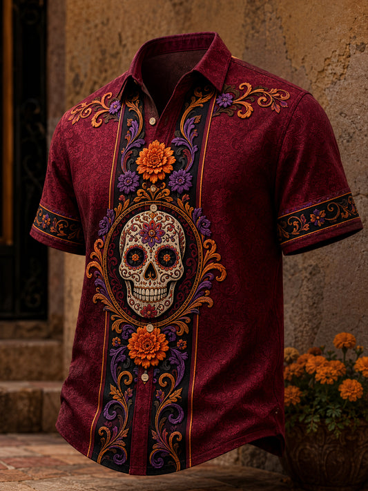 Camiseta de manga corta con estampado artístico de elementos culturales mexicanos del Día de los Muertos para hombre