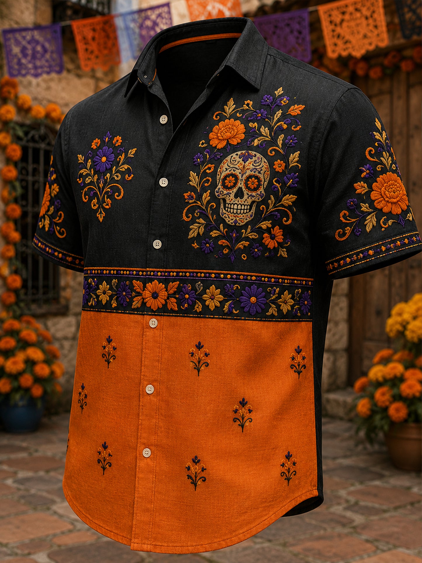 Camisa mexicana de manga corta con estampado de arte de elementos culturales de día de muertos para hombre