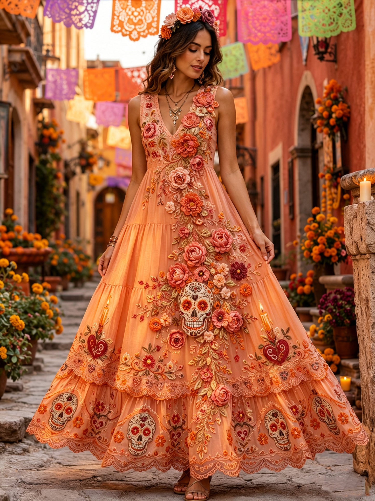 Vestido con estampado artístico de elementos culturales mexicanos del Día de los Muertos para mujer