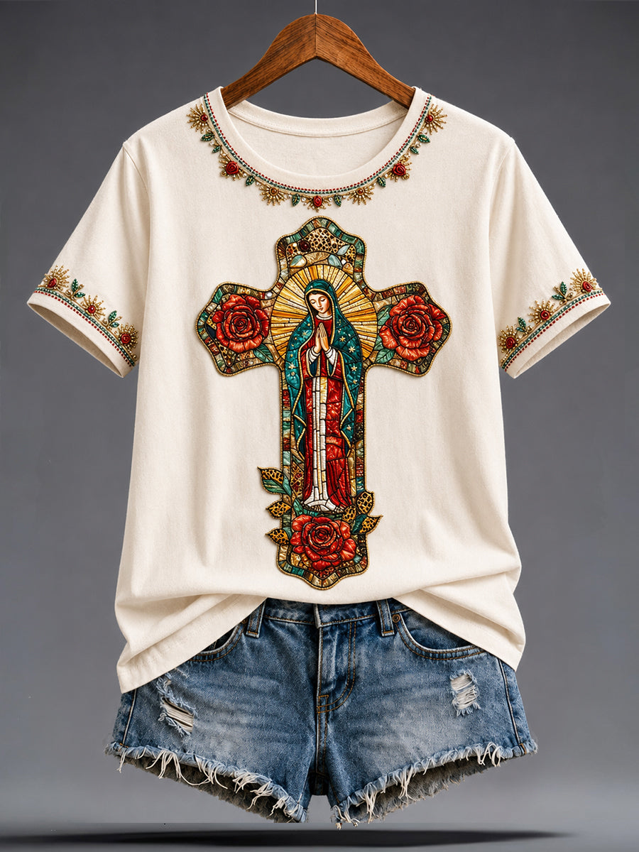 Camiseta estampada para mujer con la Asunción de Nuestra Señora de Guadalupe
