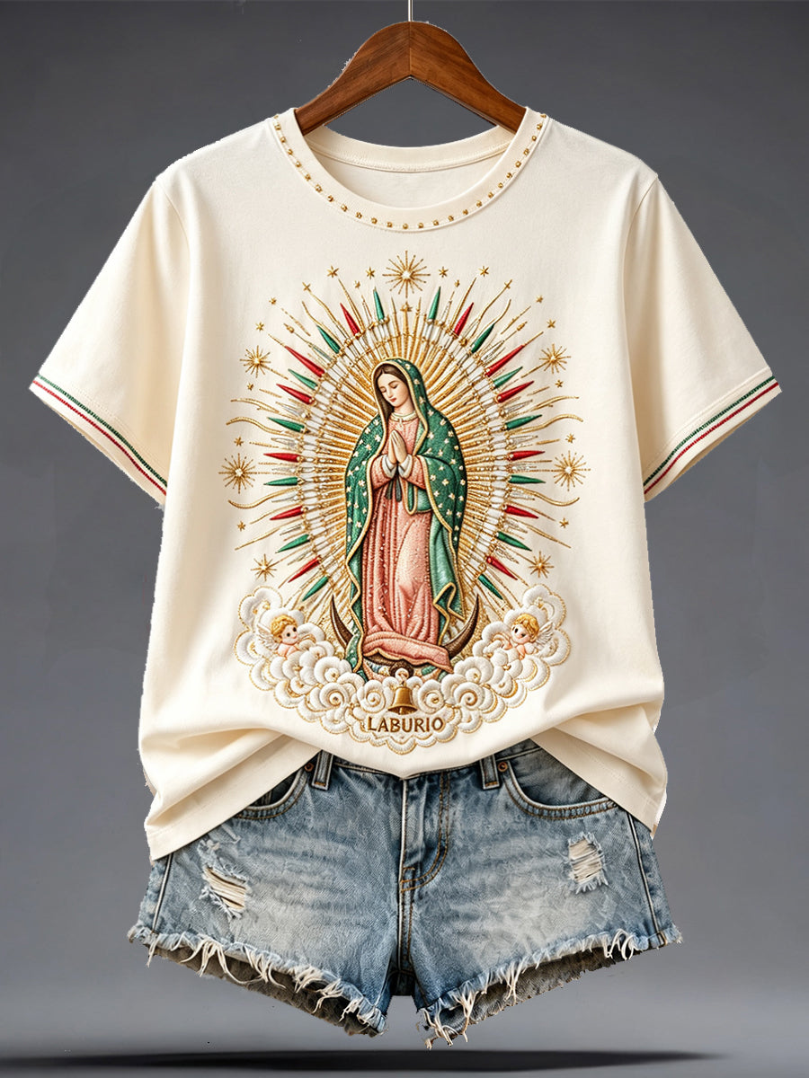 Camiseta estampada para mujer con la Asunción de Nuestra Señora de Guadalupe