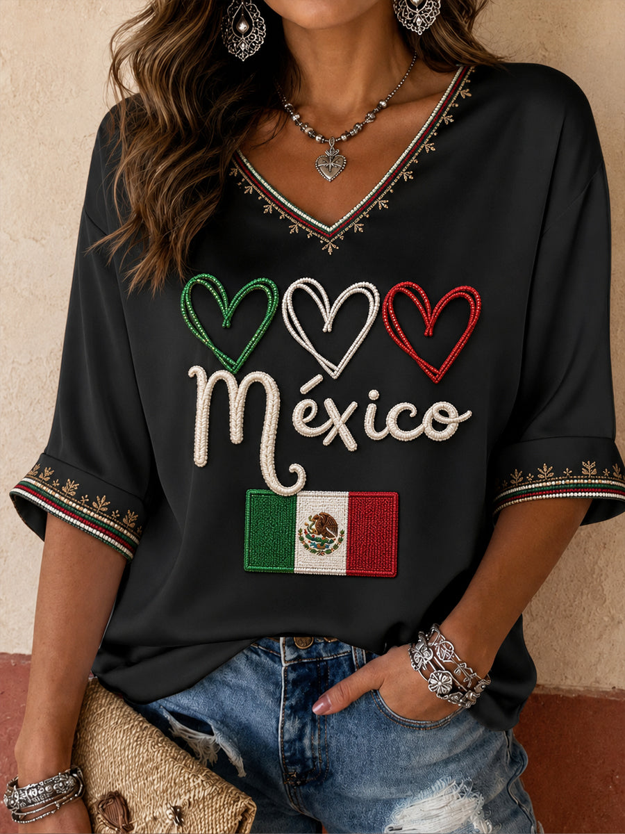 Camiseta estampada con diseño artístico del Día de la Independencia de México para mujer