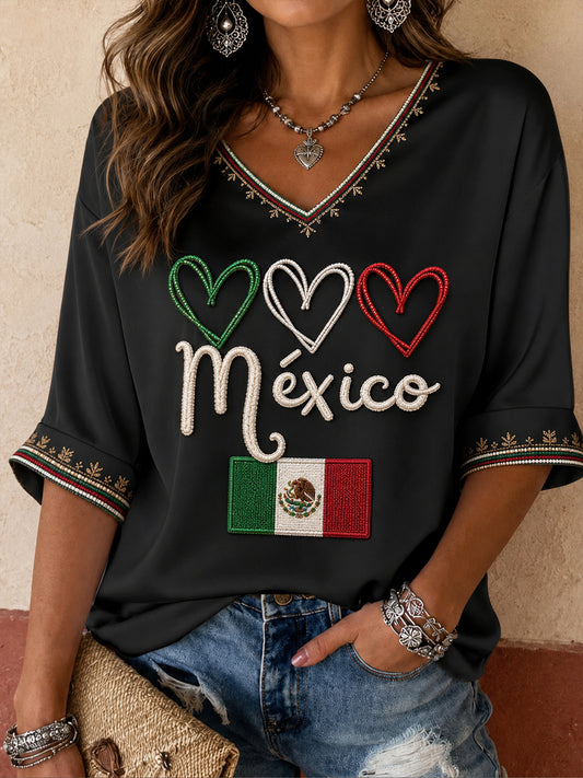 Camiseta estampada con diseño artístico del Día de la Independencia de México para mujer