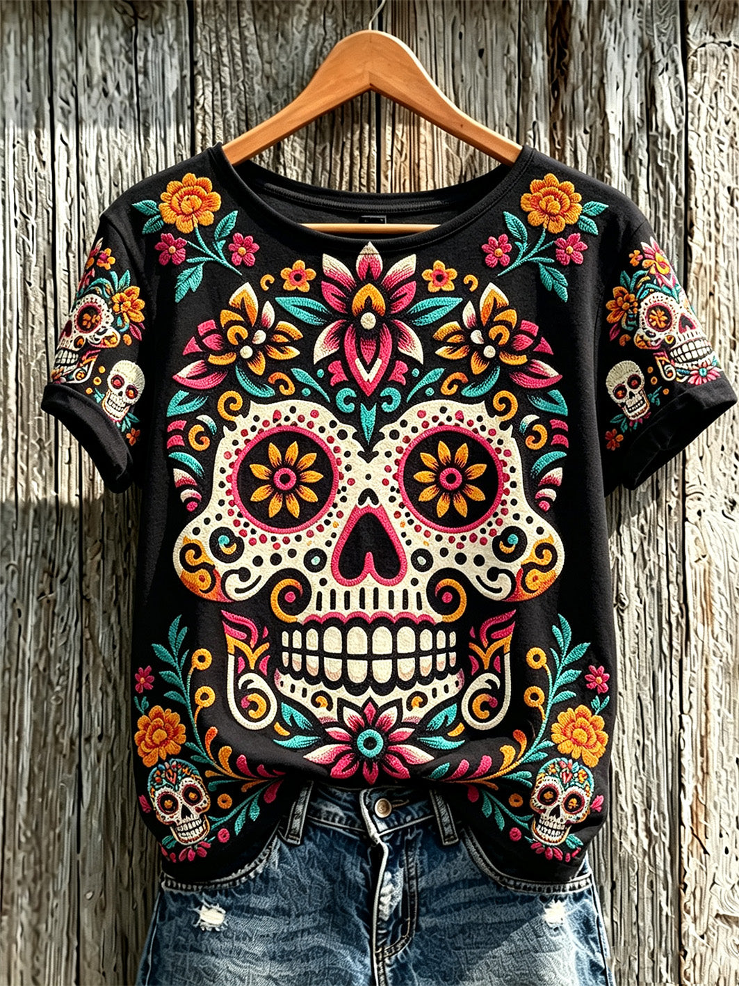 El patrón de la flor del cráneo y de la planta de las mujeres imprimió la camiseta de manga corta ocasional