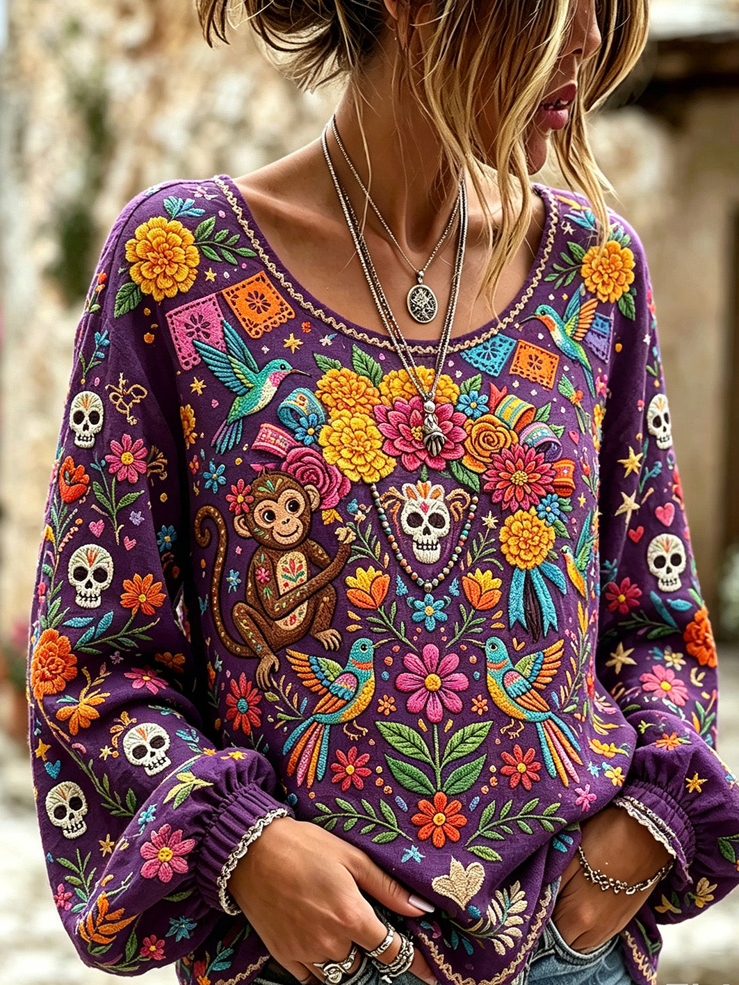 Camisa casual de algodón y lino para mujer, estampada con diseño de calavera y flores vegetales