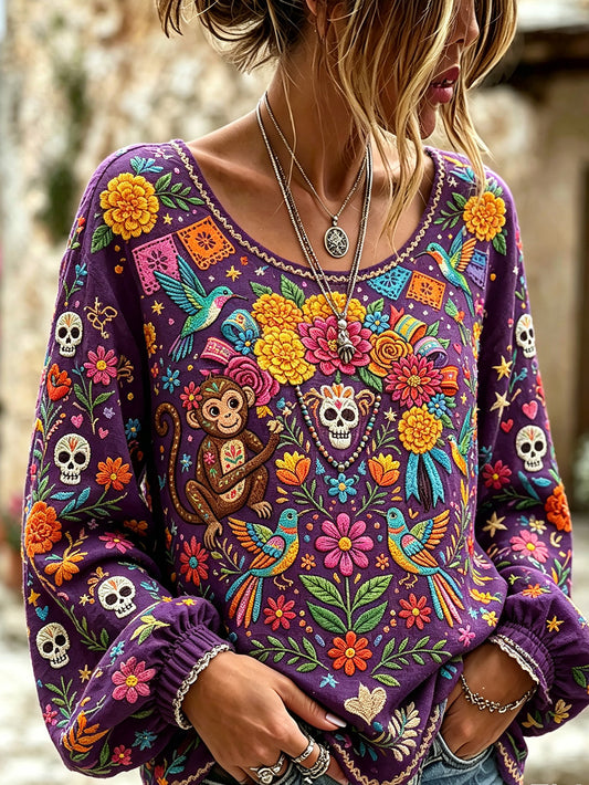 Camisa casual de algodón y lino para mujer, estampada con diseño de calavera y flores vegetales
