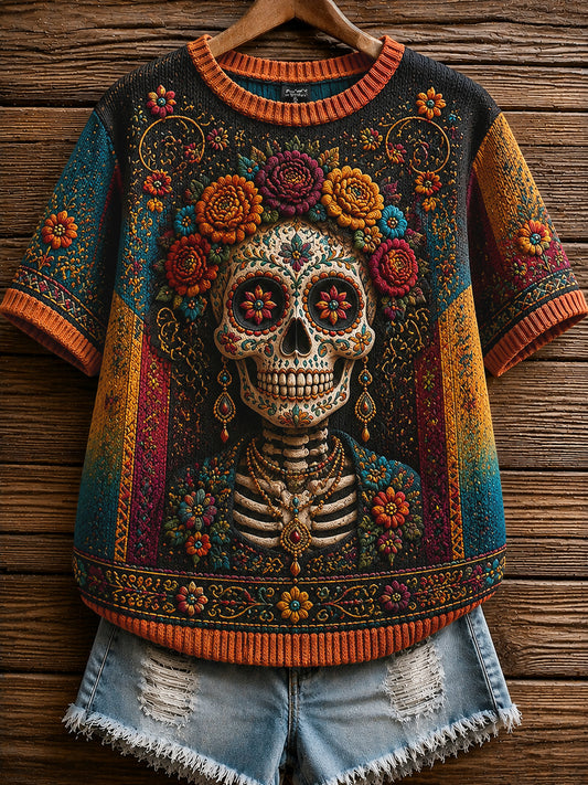 Retro Day of the Dead Calavera Floral Casual Camiseta