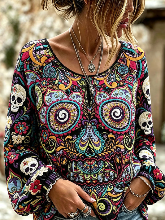 Camisa casual de algodón y lino para mujer, estampada con diseño de calavera y flores vegetales