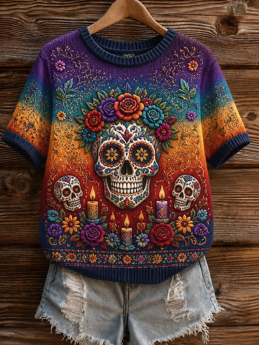 Día retro de la camiseta ocasional floral esquelética colorida muerta