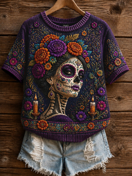 Vintage Day of the Dead Catrina Floral camiseta casual