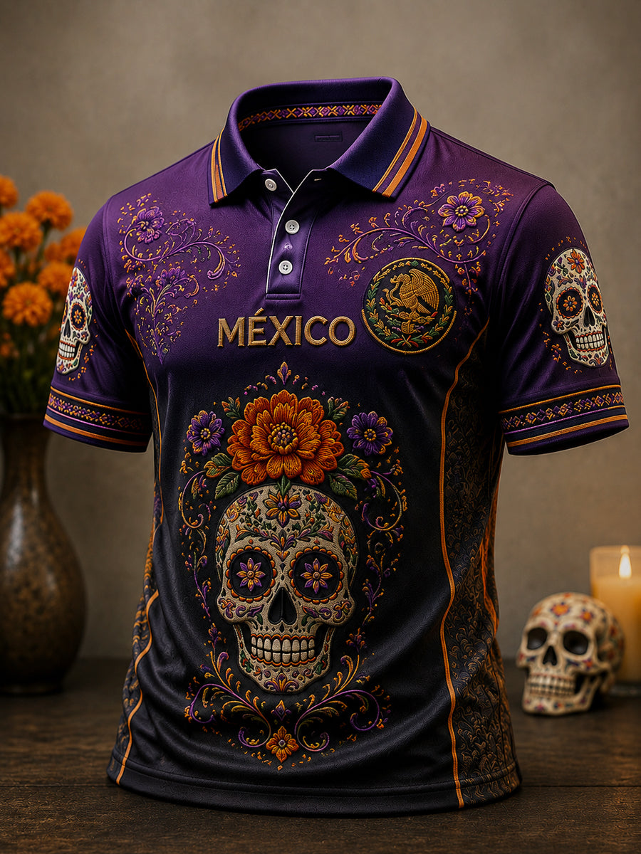 Polo Vintage Mexican Day of the Dead Skull Marigold