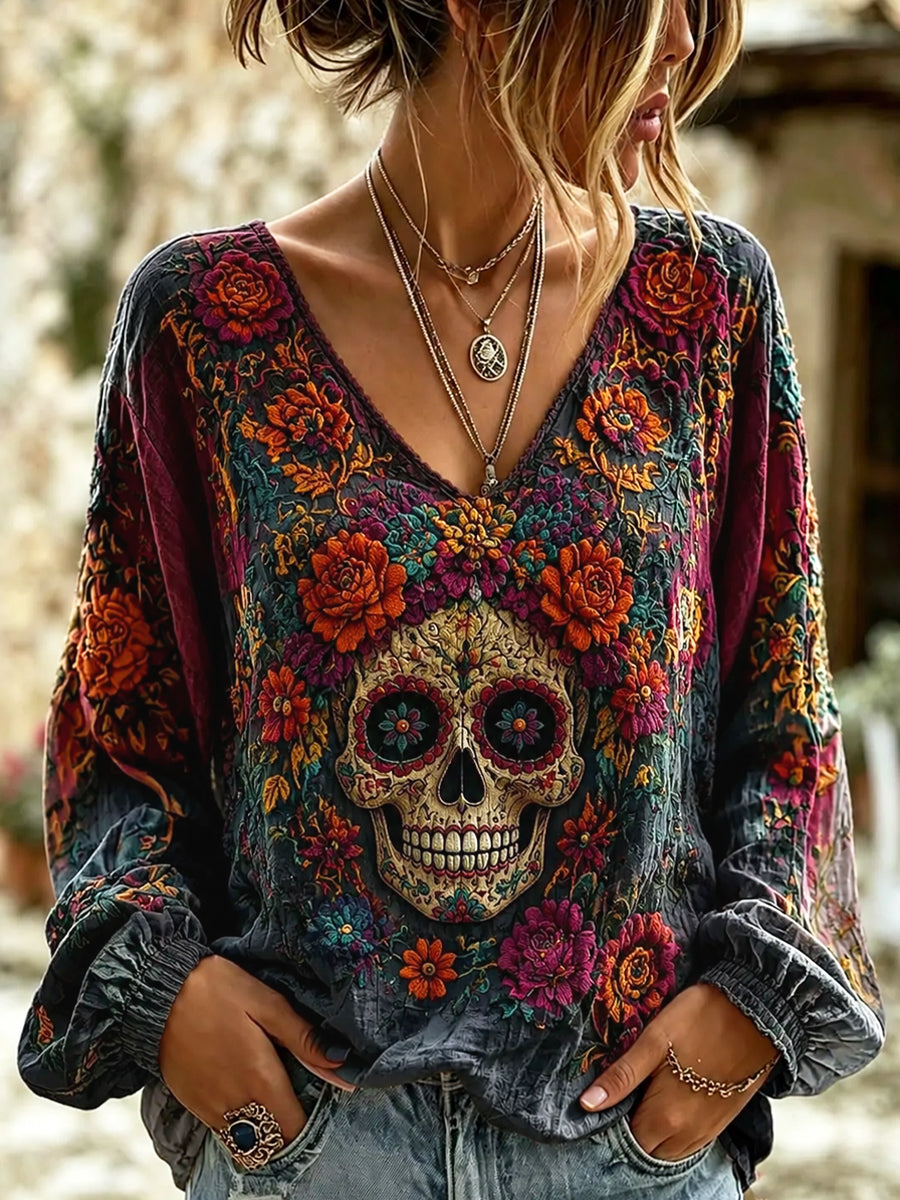 Top con cuello en V floral y calavera de día de los muertos retro para mujer