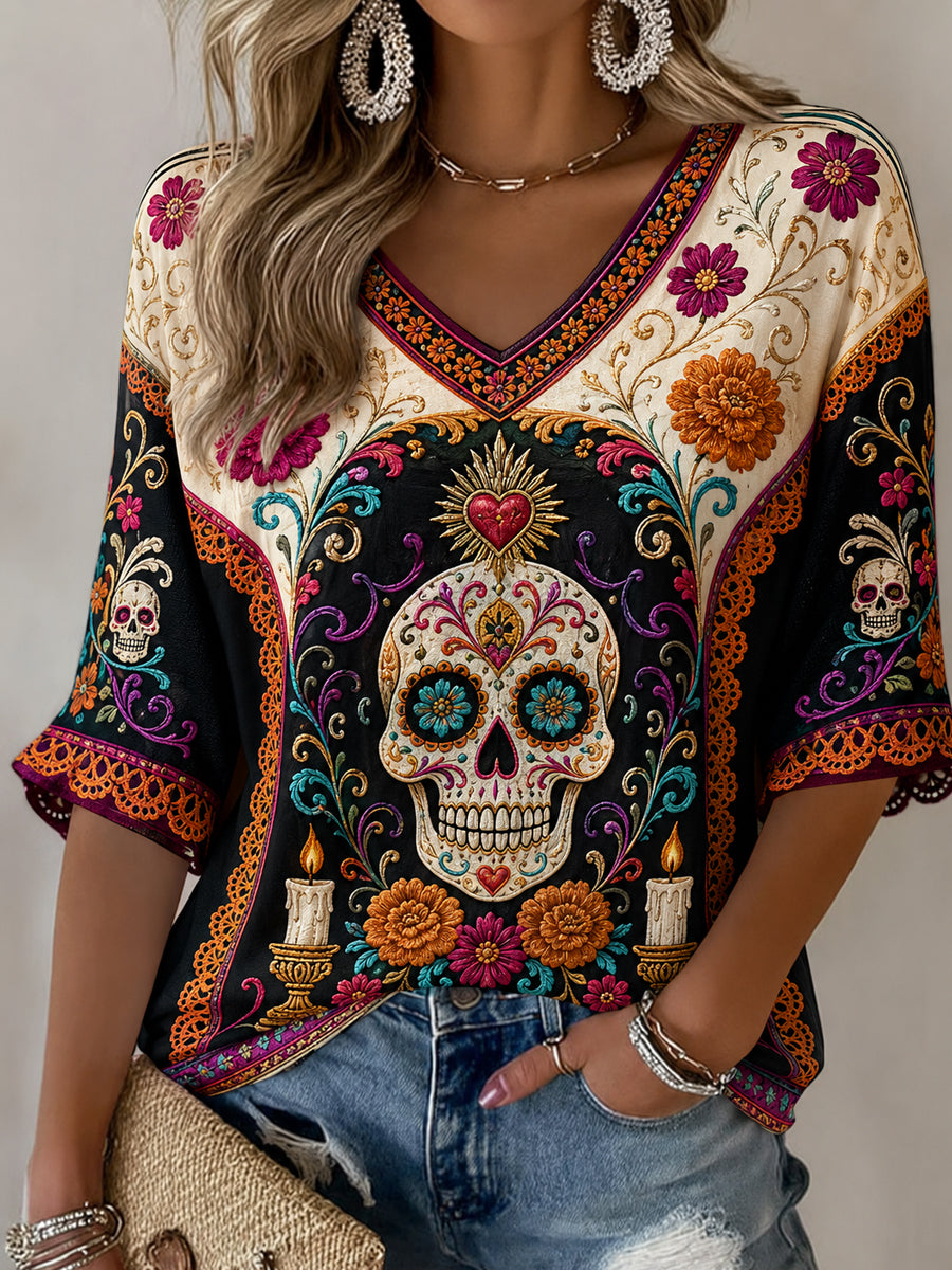 Camiseta retro del día de las mujeres del cráneo muerto y de la calorita