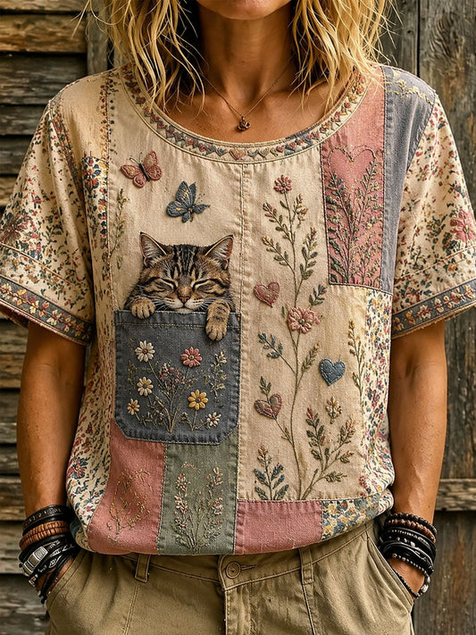 Camiseta de manga corta casual impresa del día del amante del gato de las mujeres