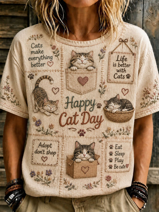 Camiseta casual de manga corta estampada para el Día de los Amantes de los Gatos, para mujer