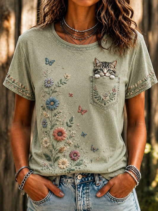 Camiseta casual de manga corta estampada para el Día de los Amantes de los Gatos, para mujer