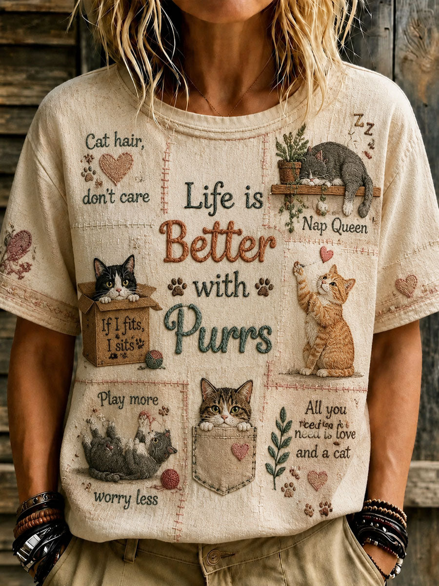 Camiseta casual de manga corta estampada para el Día de los Amantes de los Gatos, para mujer