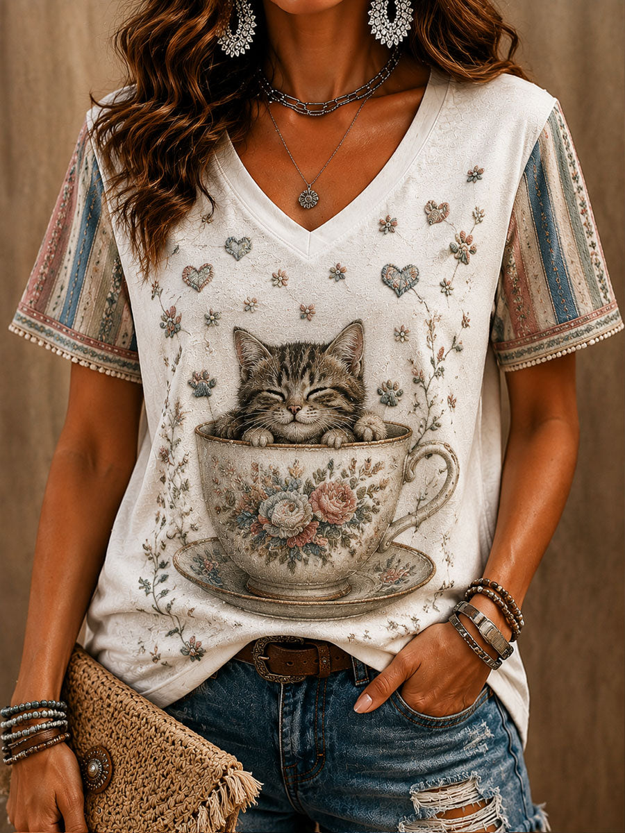 Camiseta casual de manga corta estampada para el Día de los Amantes de los Gatos, para mujer