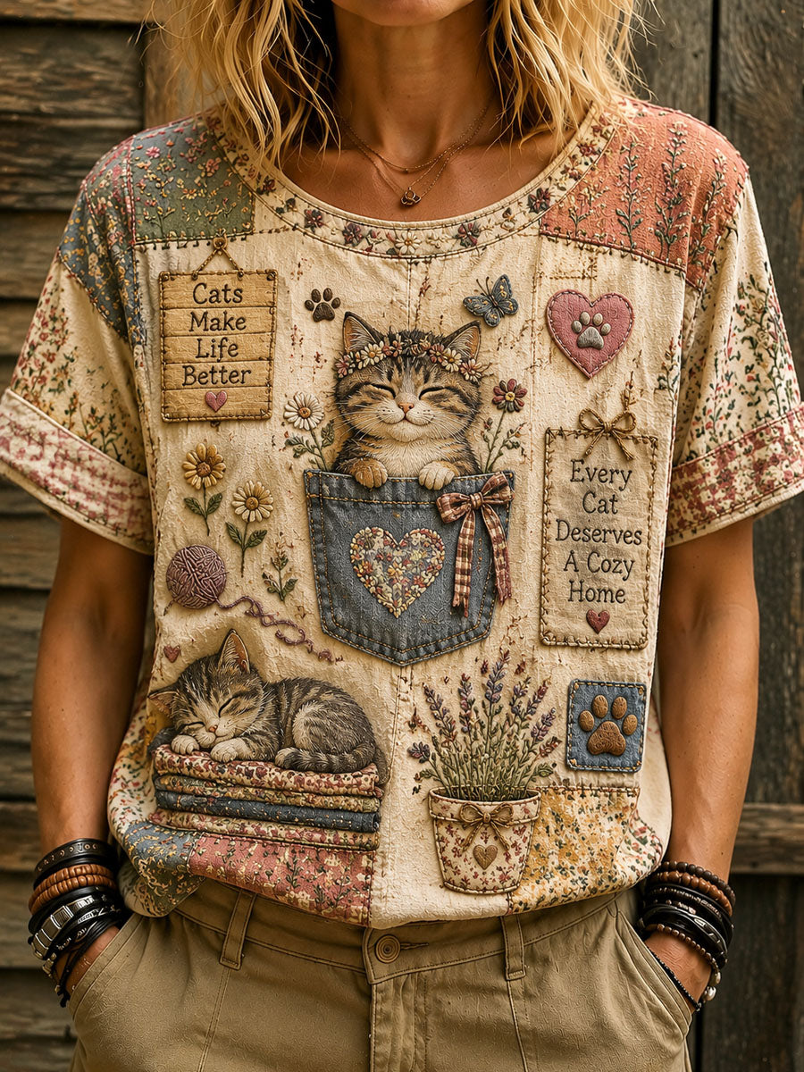 Camiseta casual de manga corta estampada para el Día de los Amantes de los Gatos, para mujer