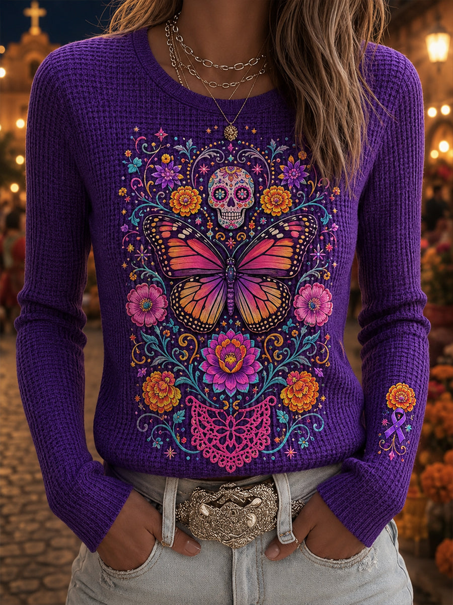 Camiseta de manga larga con estampado artístico de elementos culturales mexicanos del Día de Muertos para mujer