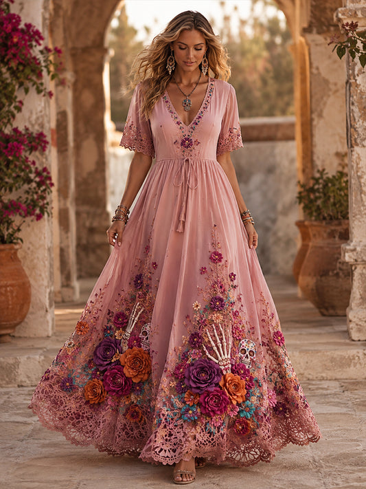 Vestido con estampado artístico de elementos culturales mexicanos del Día de los Muertos para mujer