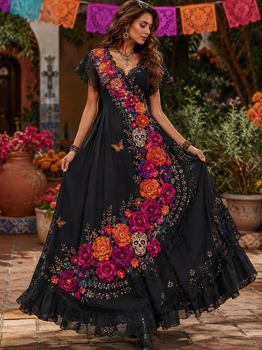 Vestido con estampado artístico de elementos culturales mexicanos del Día de los Muertos para mujer