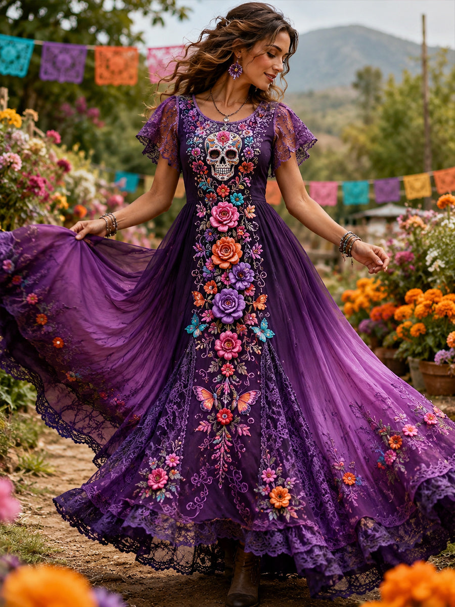 Vestido con estampado artístico de elementos culturales mexicanos del Día de los Muertos para mujer