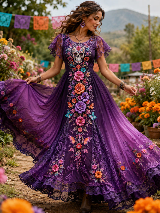 Vestido con estampado artístico de elementos culturales mexicanos del Día de los Muertos para mujer