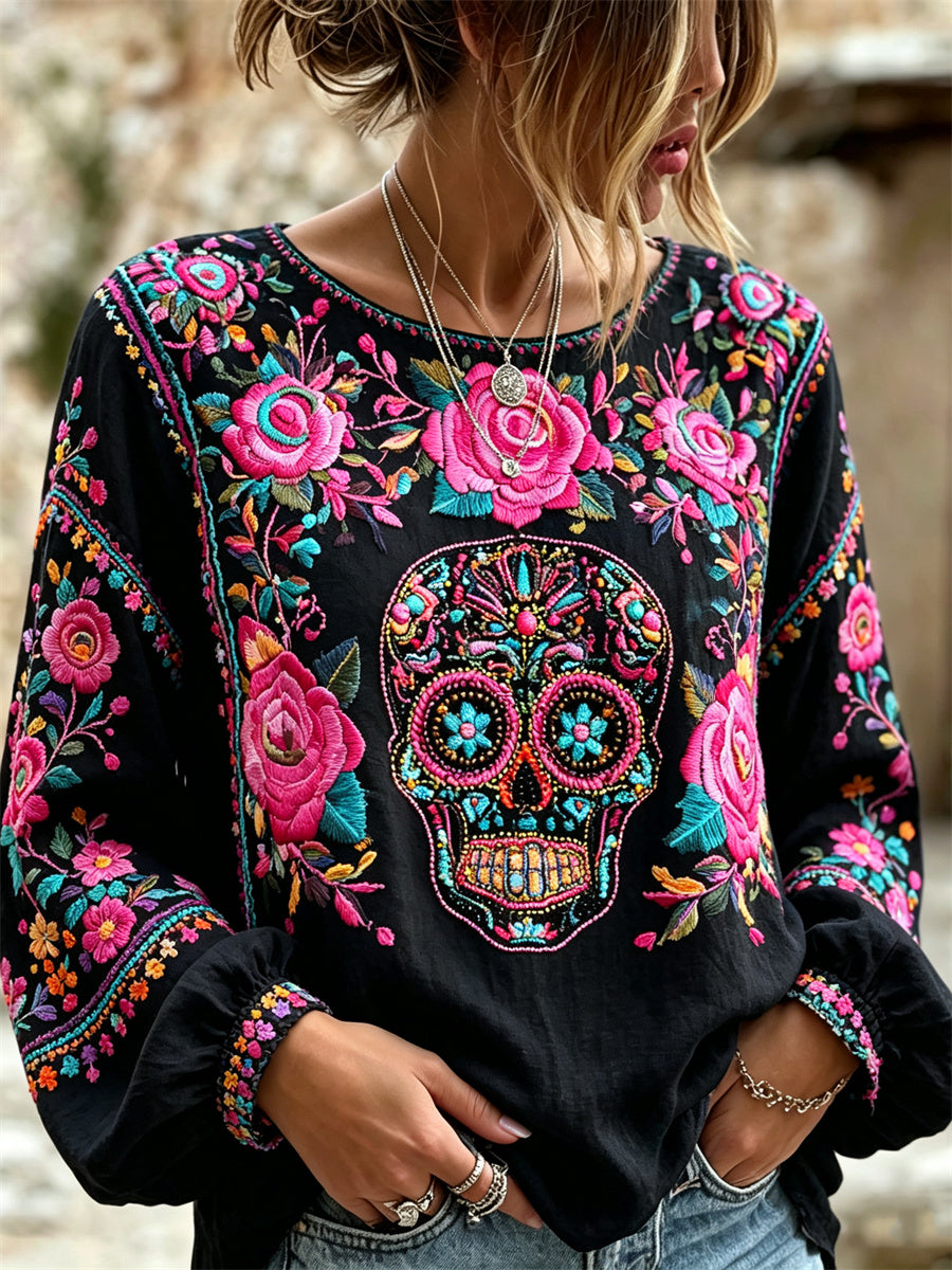 Camisa de algodón-lino con estampado floral mexicano de calavera de azúcar y rosas rosadas para el Día de Muertos de la mujer